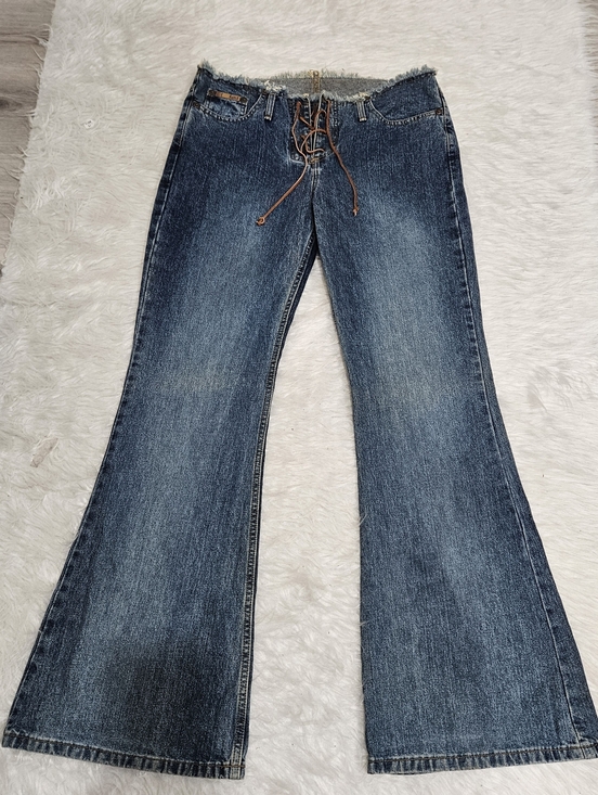 lei Denim - Vintage 90s Early 2000s Women’s Blue Flared Jeans with Lace-Up Waist